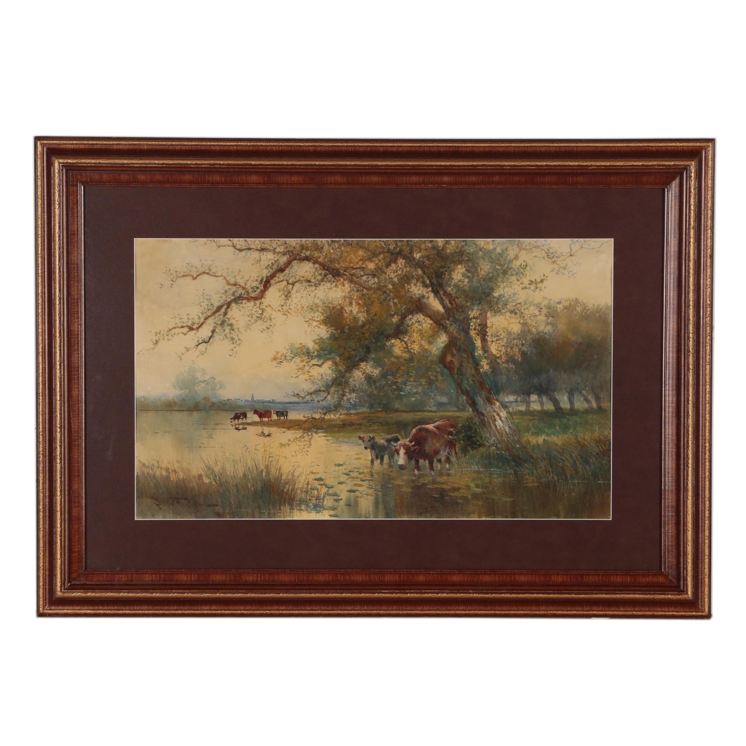 Hugo Anton Fisher Watercolor Painting of Pastoral Landscape with Cattle