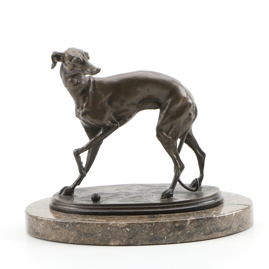 After Pierre Jules Mene Bronze Sculpture of Whippet Dog with Ball