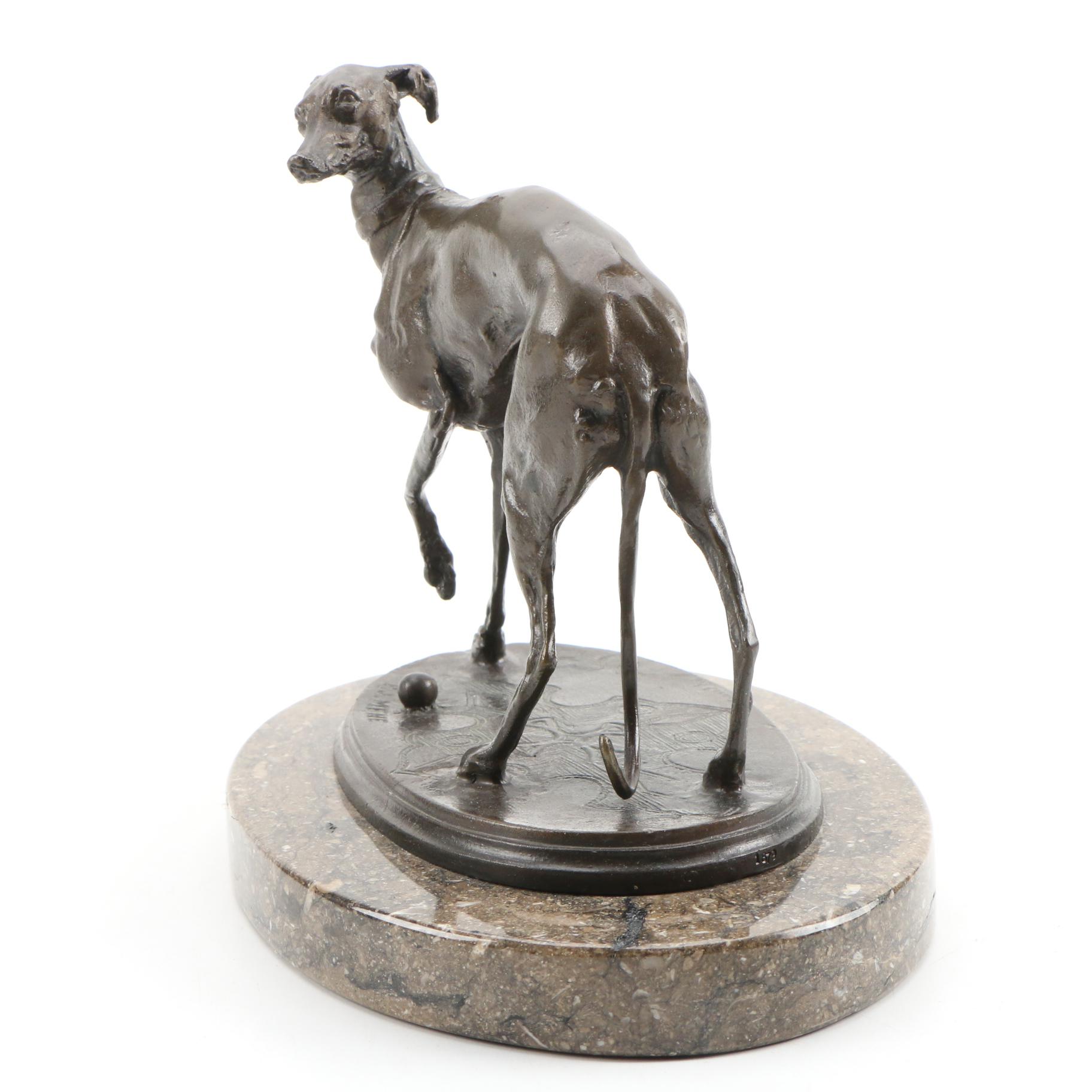 After Pierre Jules Mene Bronze Sculpture of Whippet Dog with Ball