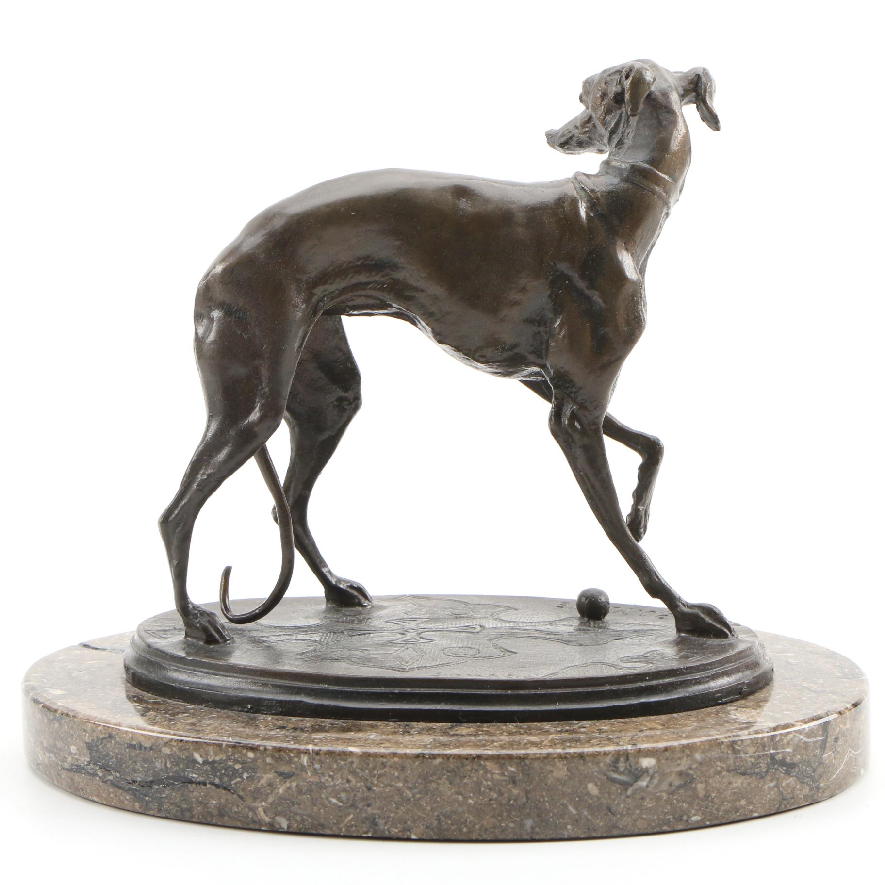 After Pierre Jules Mene Bronze Sculpture of Whippet Dog with Ball