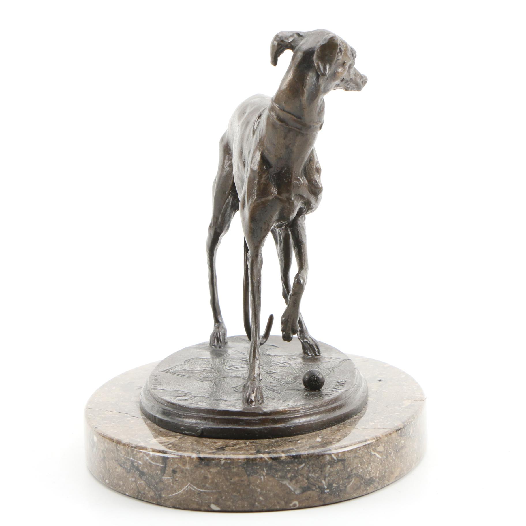 After Pierre Jules Mene Bronze Sculpture of Whippet Dog with Ball
