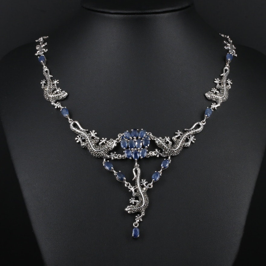 Sterling Silver Sapphire and Marcasite Lizard Link Necklace