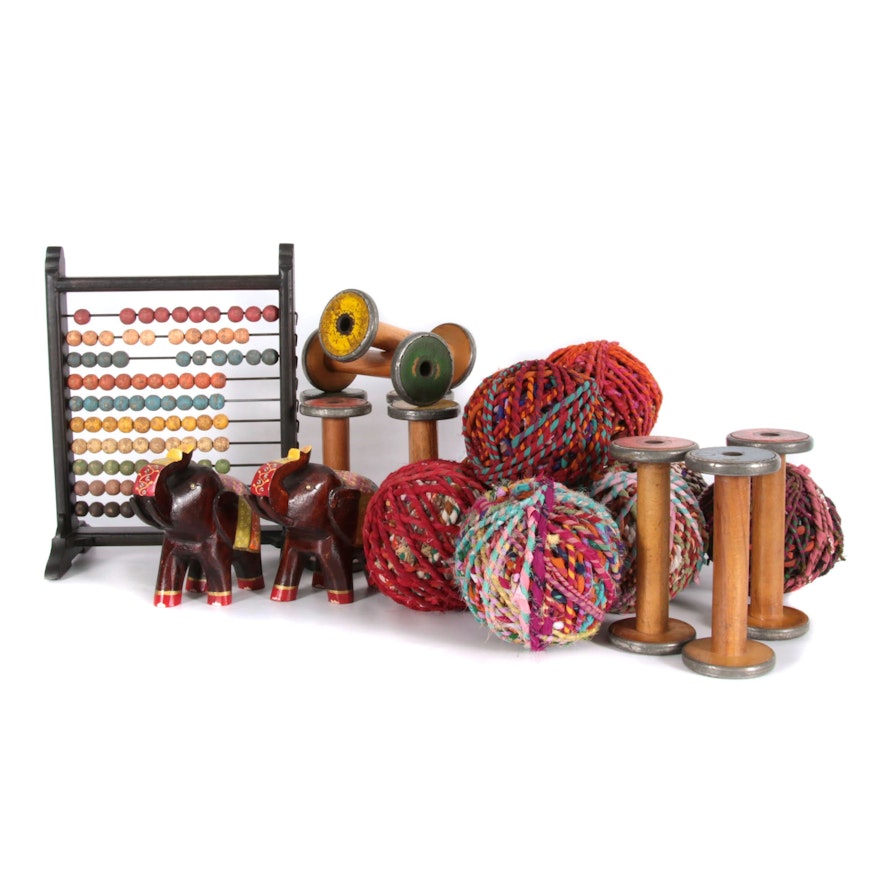 Hand-Painted Wooden Abacus, Yarn Spools and Décor