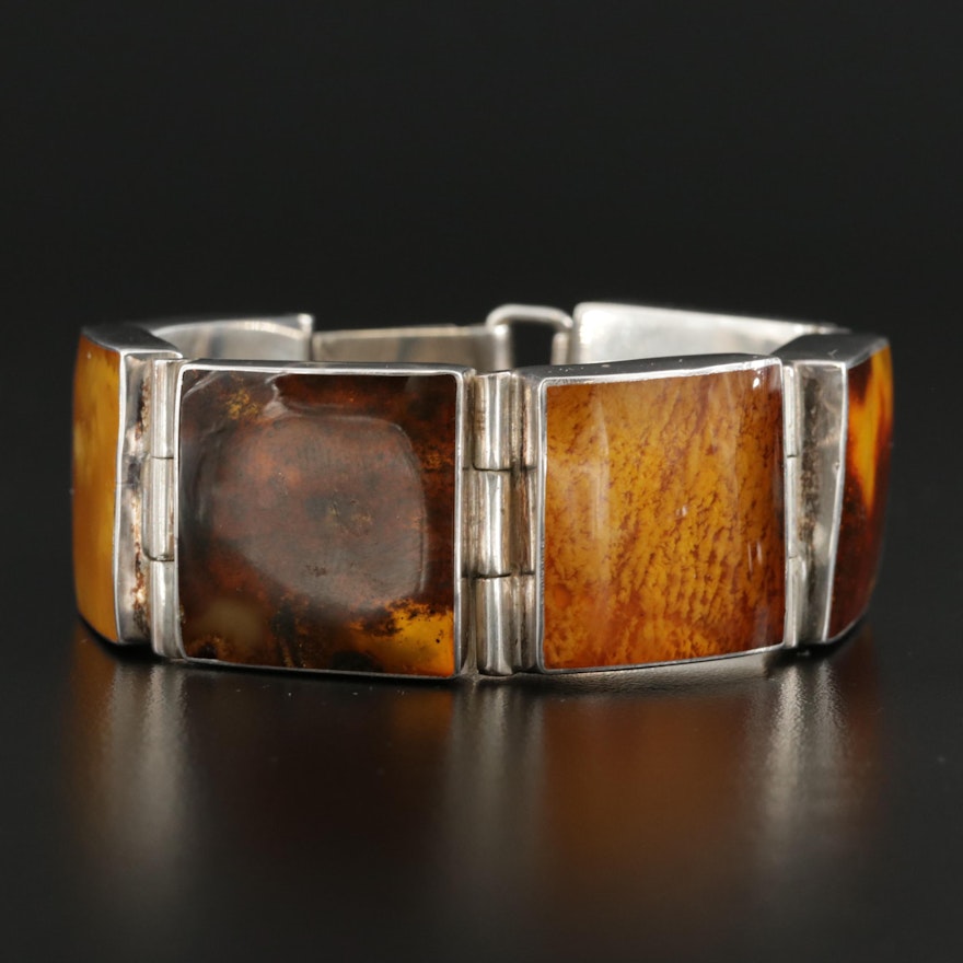 Sterling Silver Amber Square Panel Bracelet Including Mutton Fat Amber