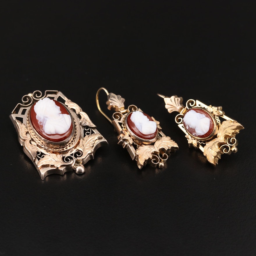 Vintage 10K Yellow Gold Sardonyx Carved Cameo Brooch and Earrings Set