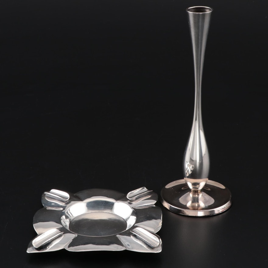 Modern Mexican Sterling Silver Ashtray and German Sterling Silver Candlestick