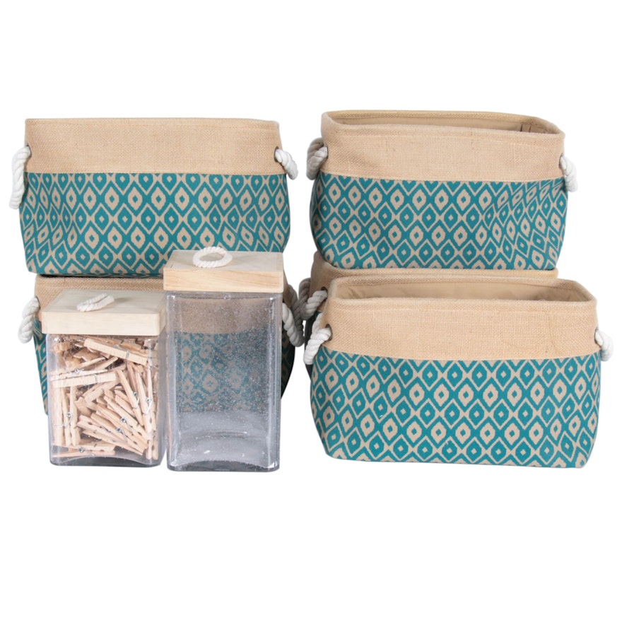 Glass Storage Canisters with Burlap and Vinyl Storage Baskets