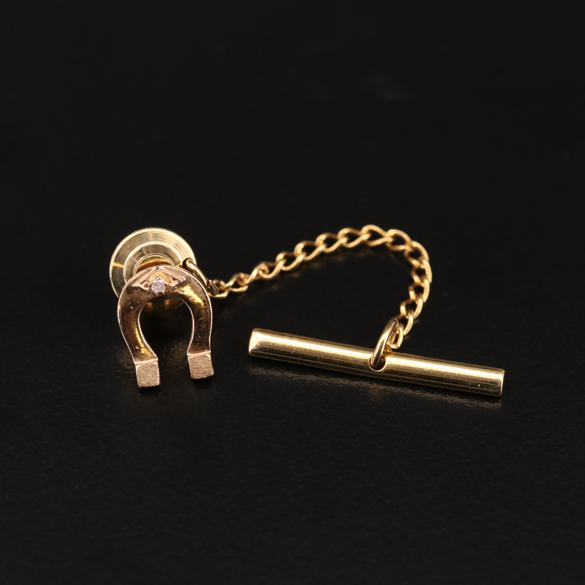 14K Yellow Gold Diamond Horseshoe Tie Pin