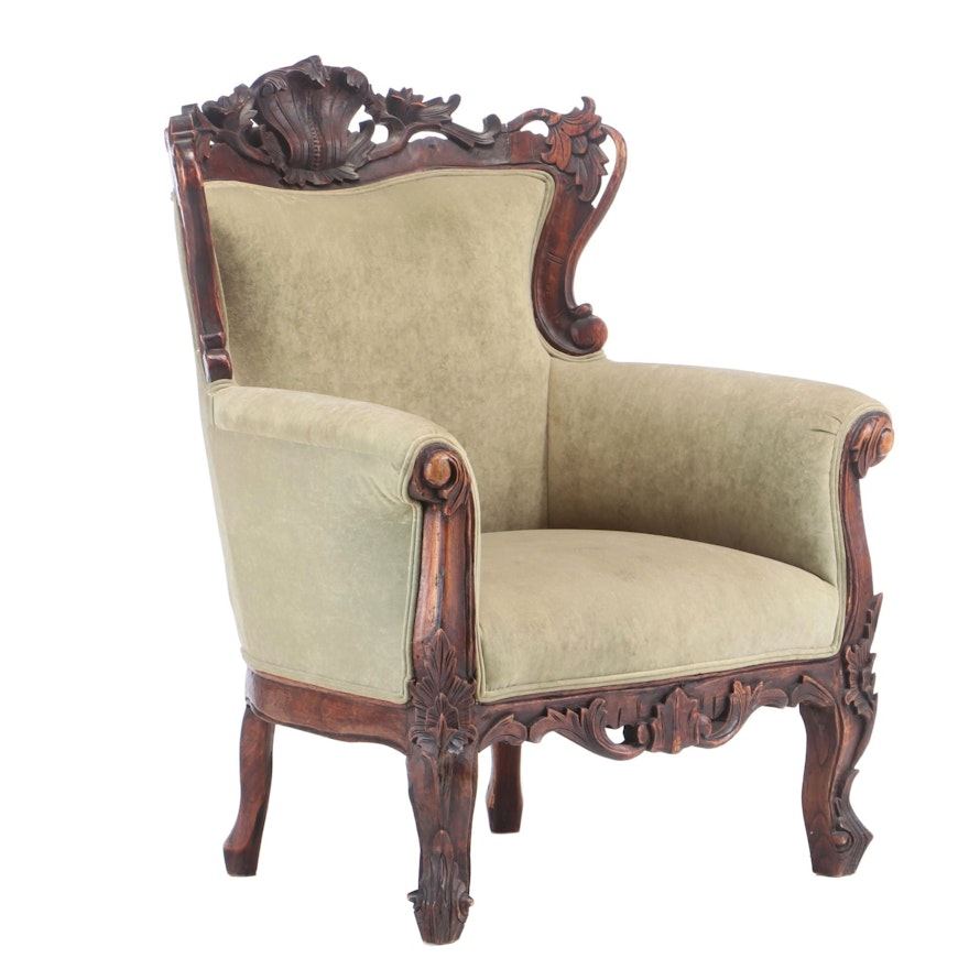 Rococo Style Carved Hardwood and Upholstered Bergère