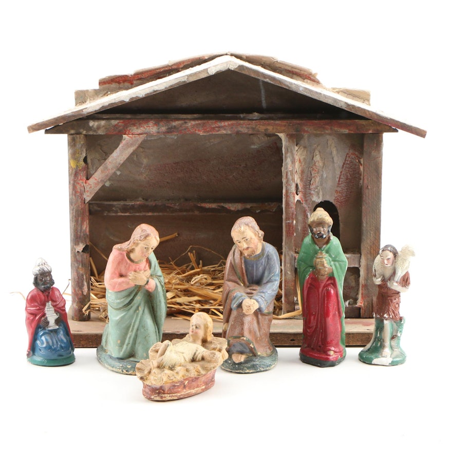 Transogram Co. Nativity Set with Chalkware Figurines, Early to Mid 20th Century