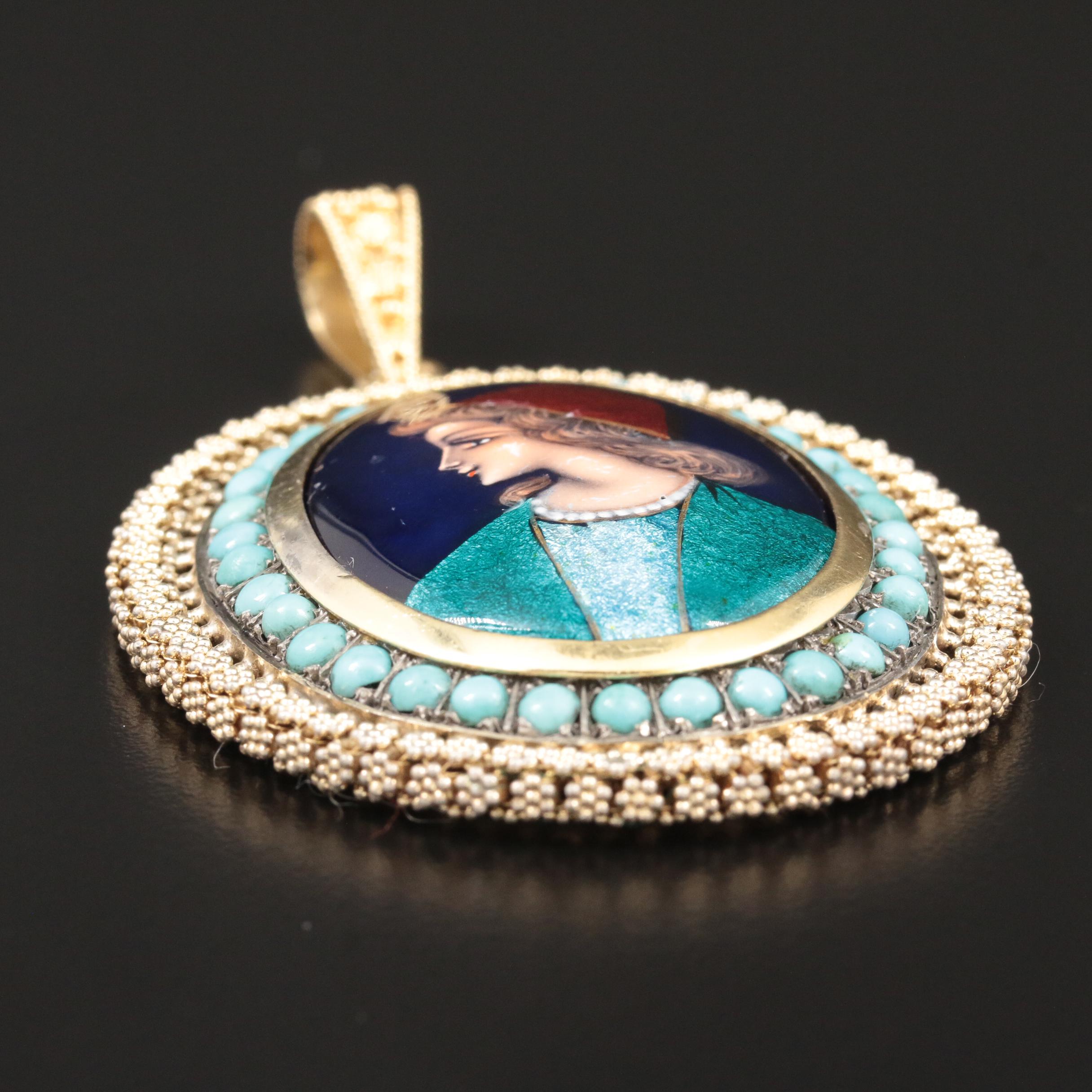 Vintage 18K Yellow Gold Turquoise and Painted Enamel Portrait Pendant
