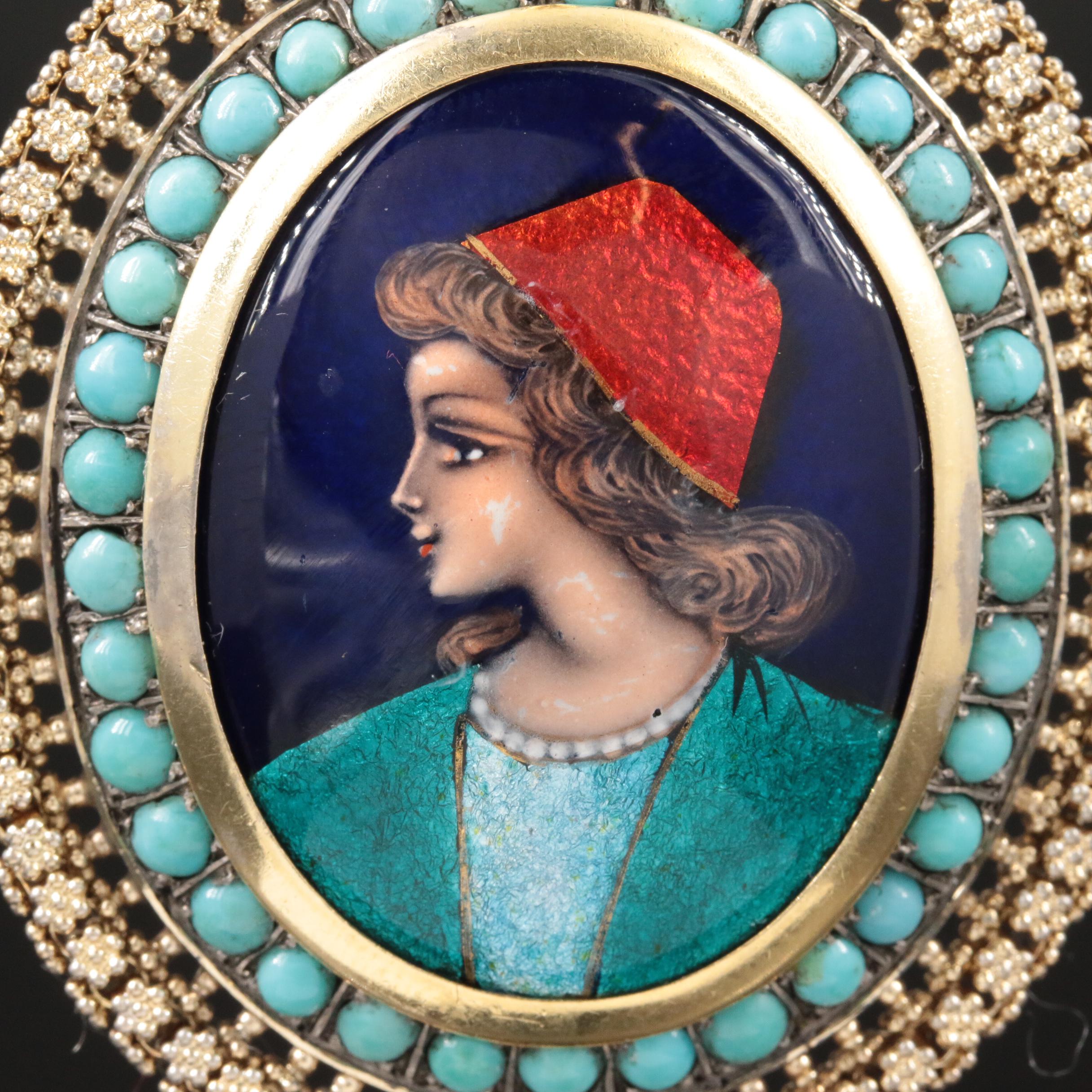 Vintage 18K Yellow Gold Turquoise and Painted Enamel Portrait Pendant