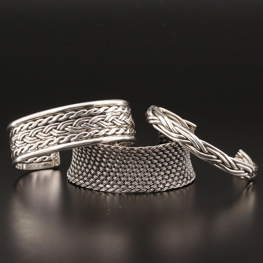 Sterling Silver Cuff Bracelet Selection Featuring Woven and Braided Motifs