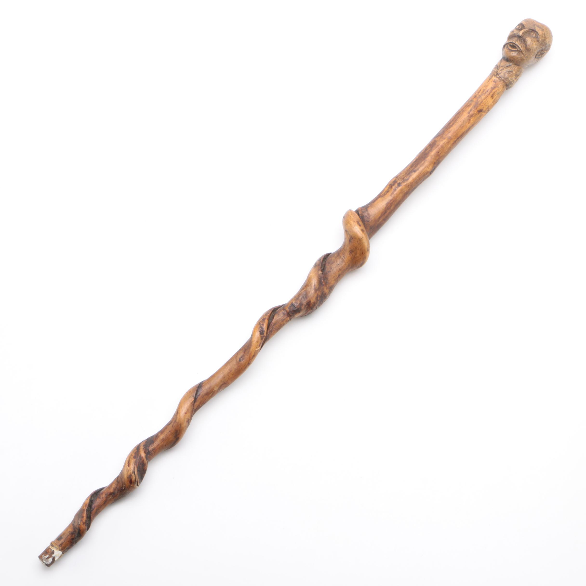Hand-Carved Figural Head Walking Stick with Spiral Shaft