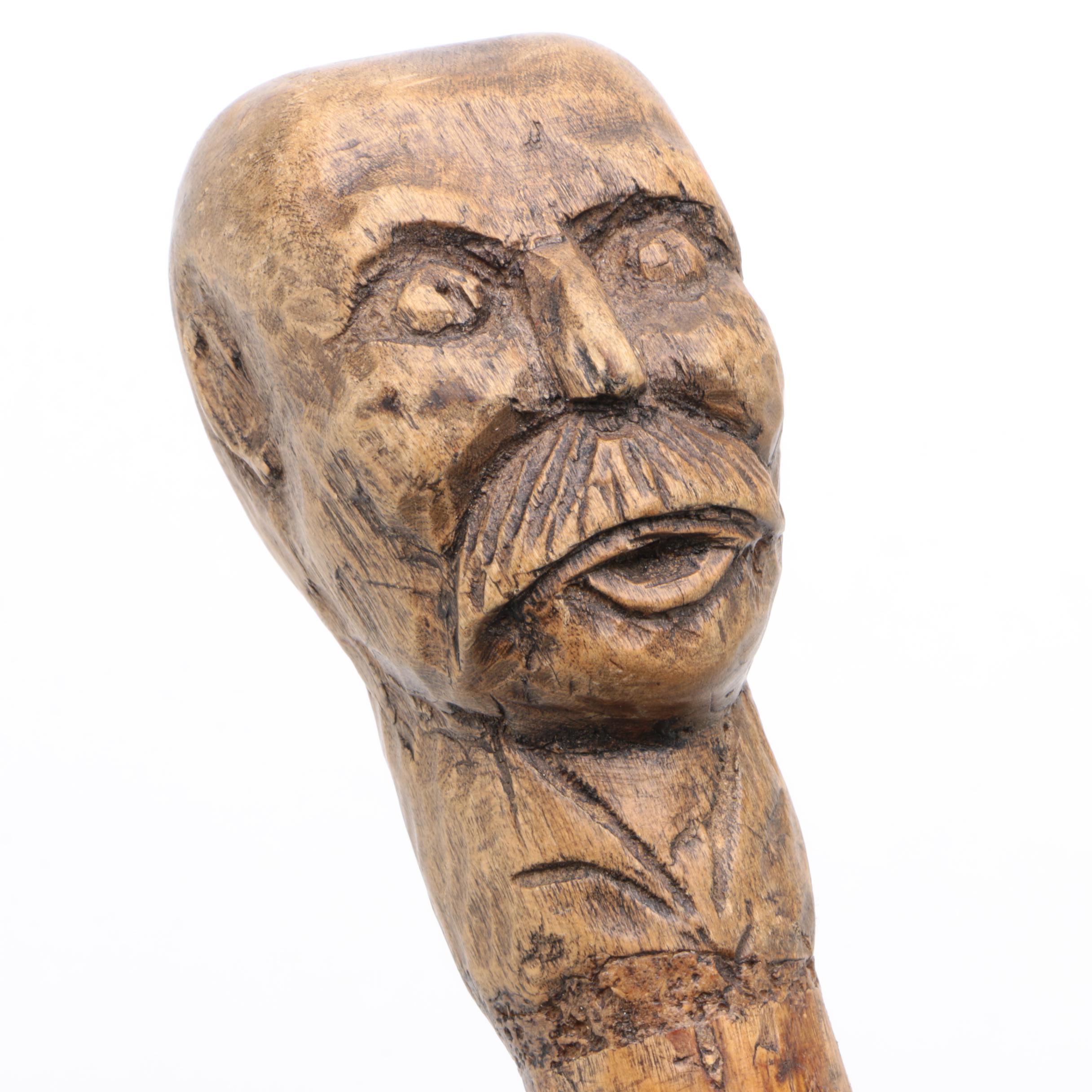 Hand-Carved Figural Head Walking Stick with Spiral Shaft