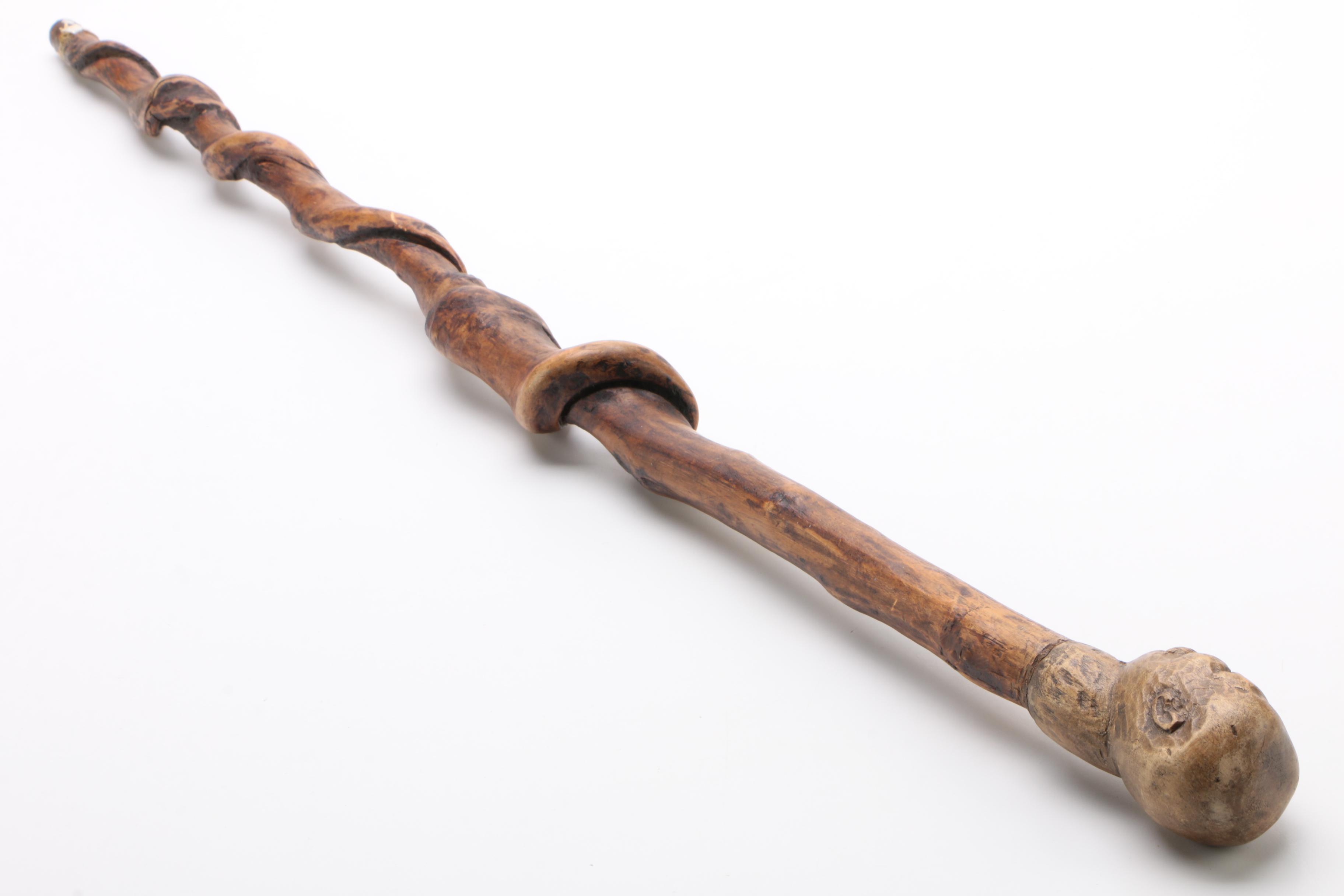 Hand-Carved Figural Head Walking Stick with Spiral Shaft