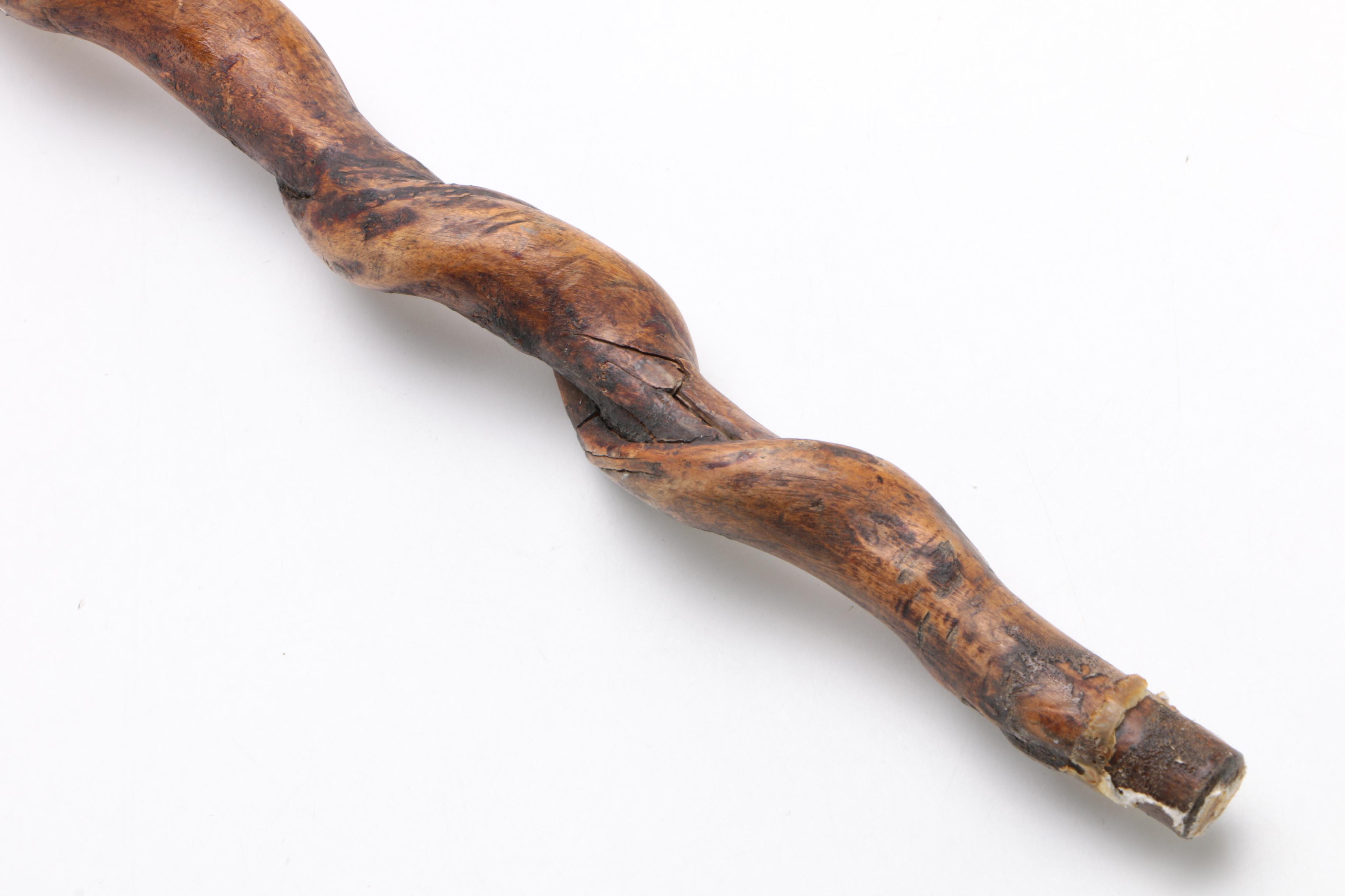 Hand-Carved Figural Head Walking Stick with Spiral Shaft