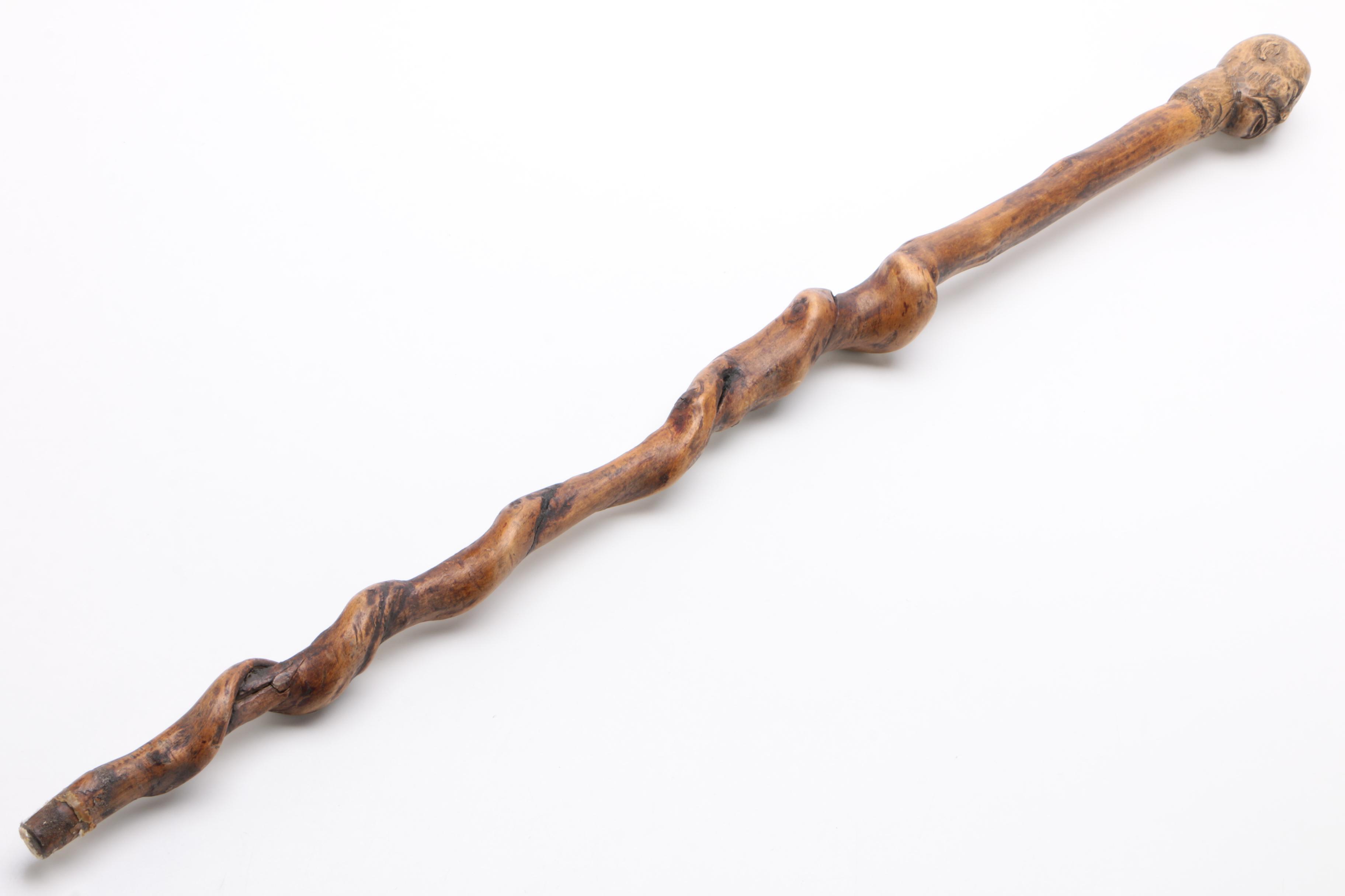 Hand-Carved Figural Head Walking Stick with Spiral Shaft