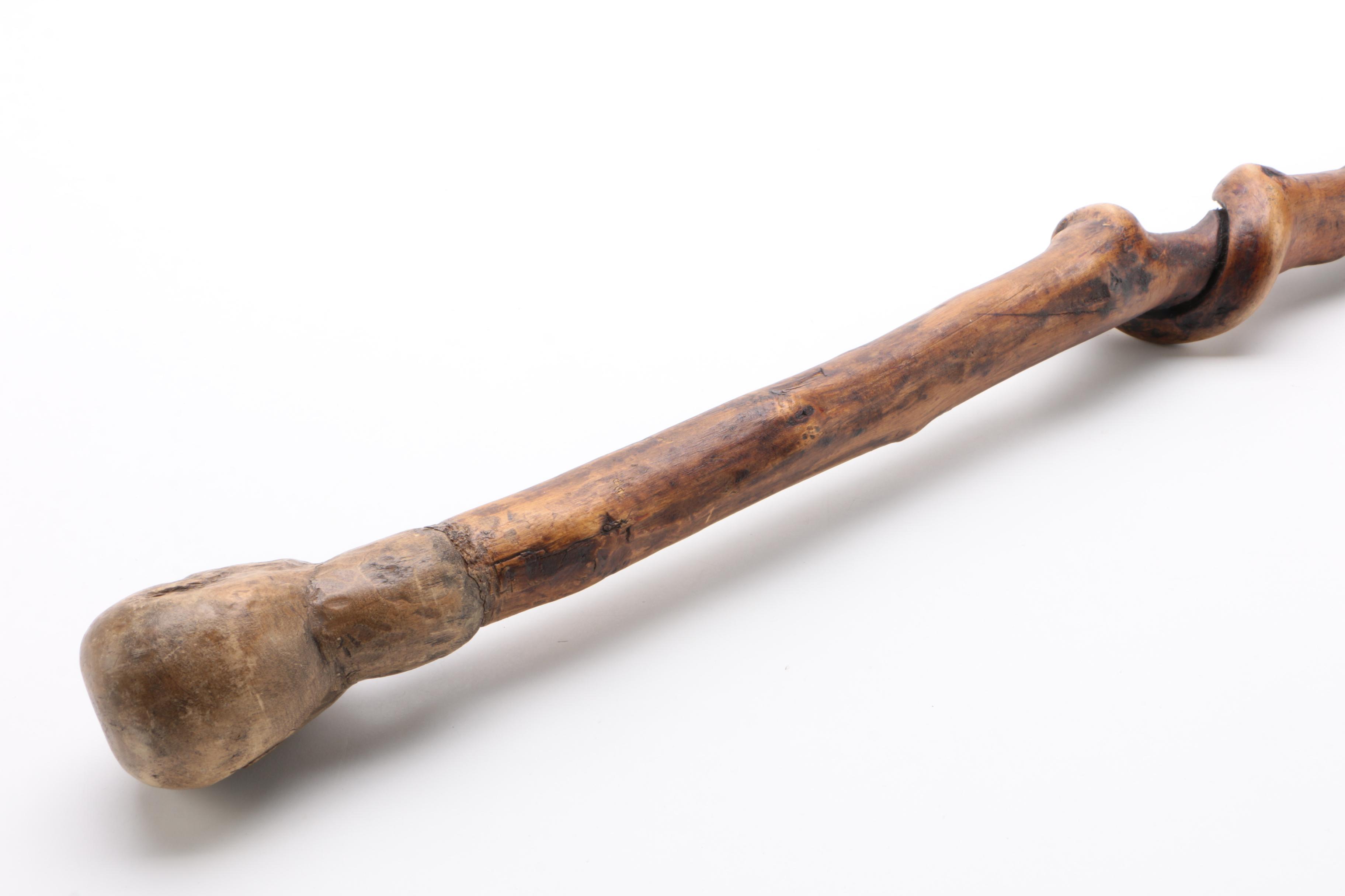 Hand-Carved Figural Head Walking Stick with Spiral Shaft