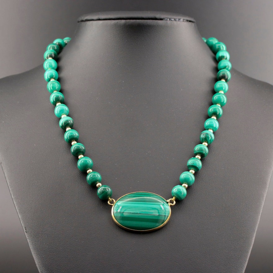 14K Yellow Gold Malachite Beaded Necklace