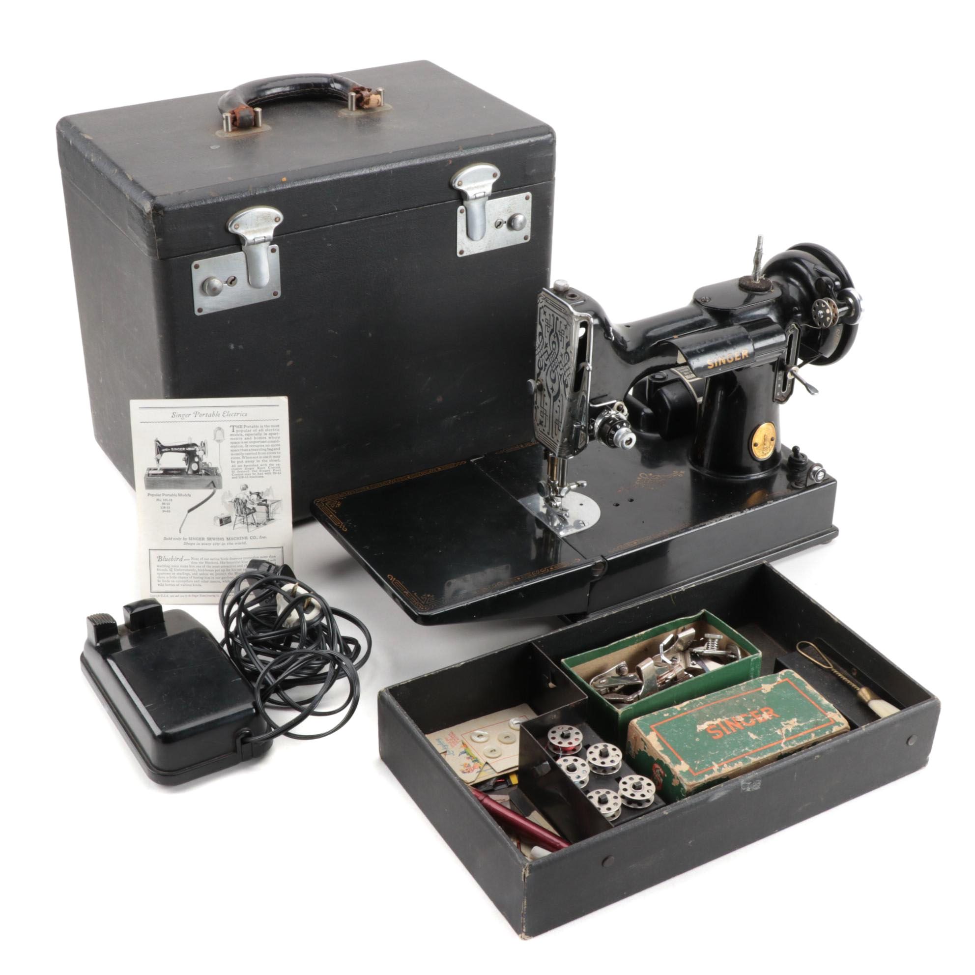 Singer Featherweight 221 Electric Sewing Machine With Case and Attachments, 1946