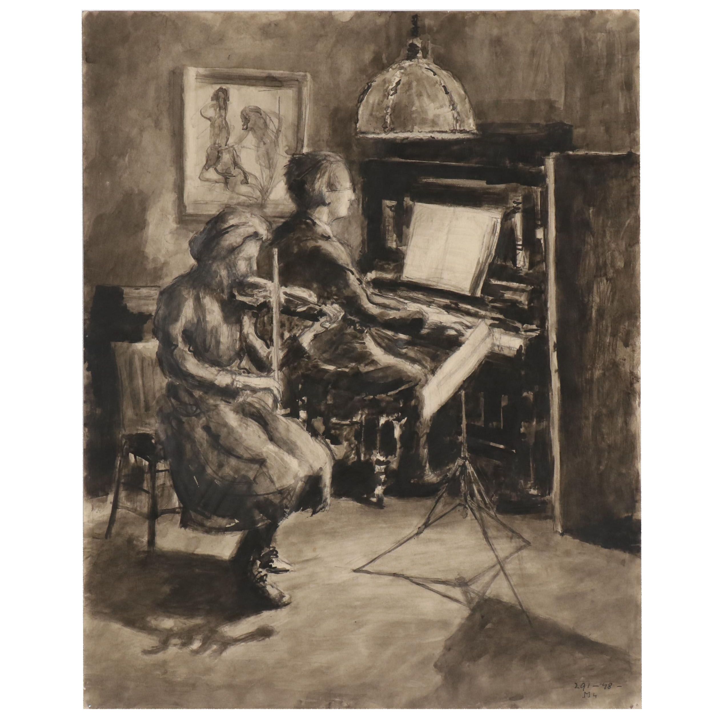 Walther Müller Charcoal and Wash Drawing of Musicians