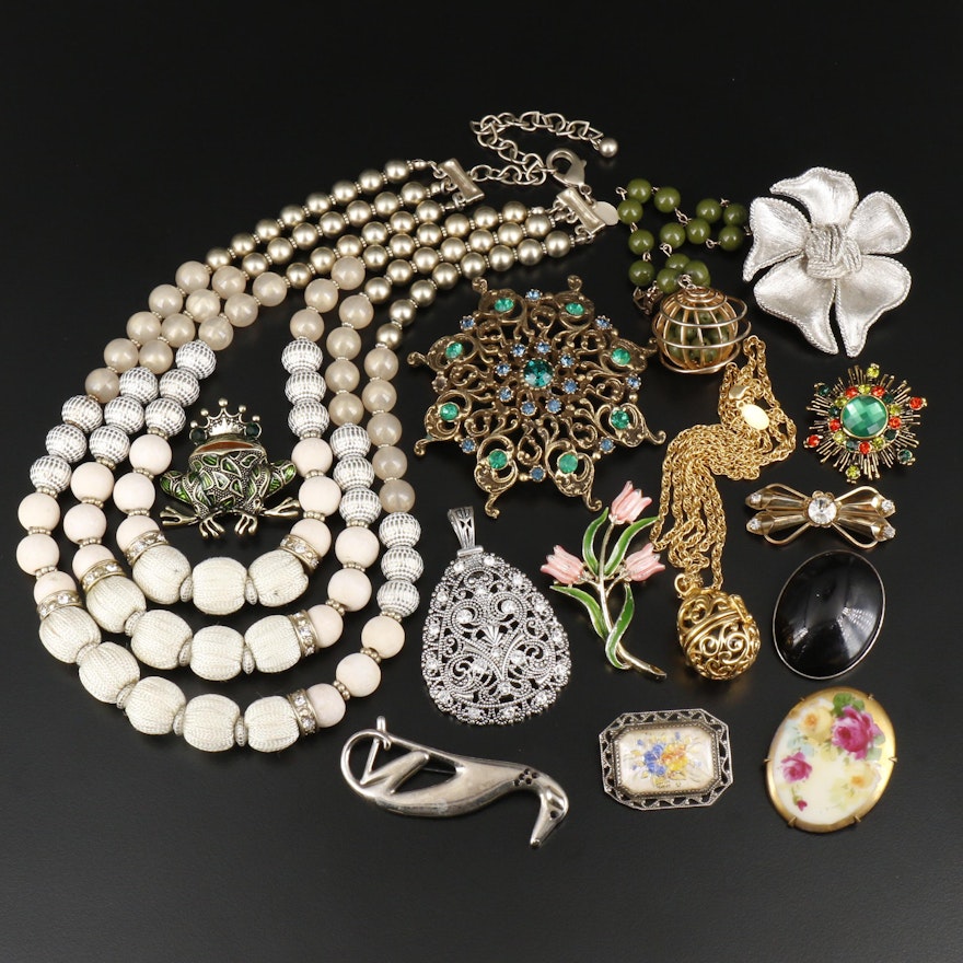 Vintage Assorted Jewelry Including Reverse Painted Glass and Rhinestones