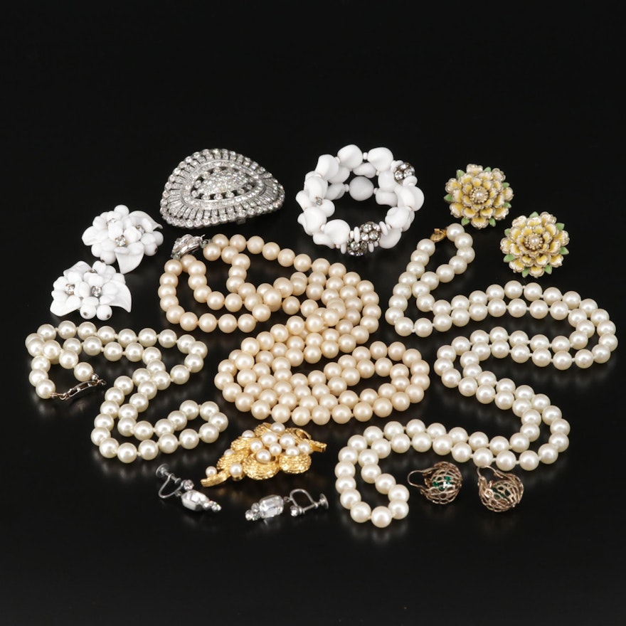 Rhinestone, Glass and Imitation Pearl Jewelry Featuring Crown Trifari and Monet