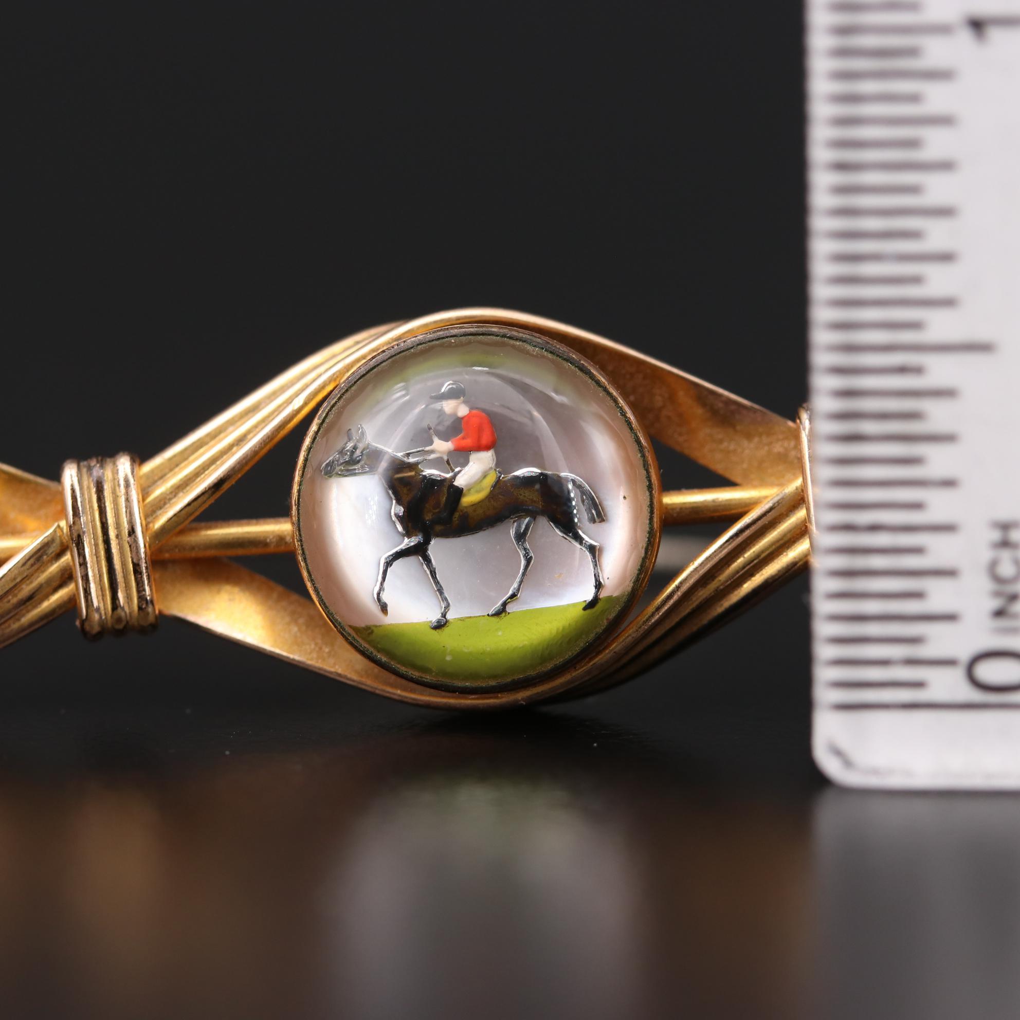 Vintage Reverse Painted Intaglio Horse Jockey Pin