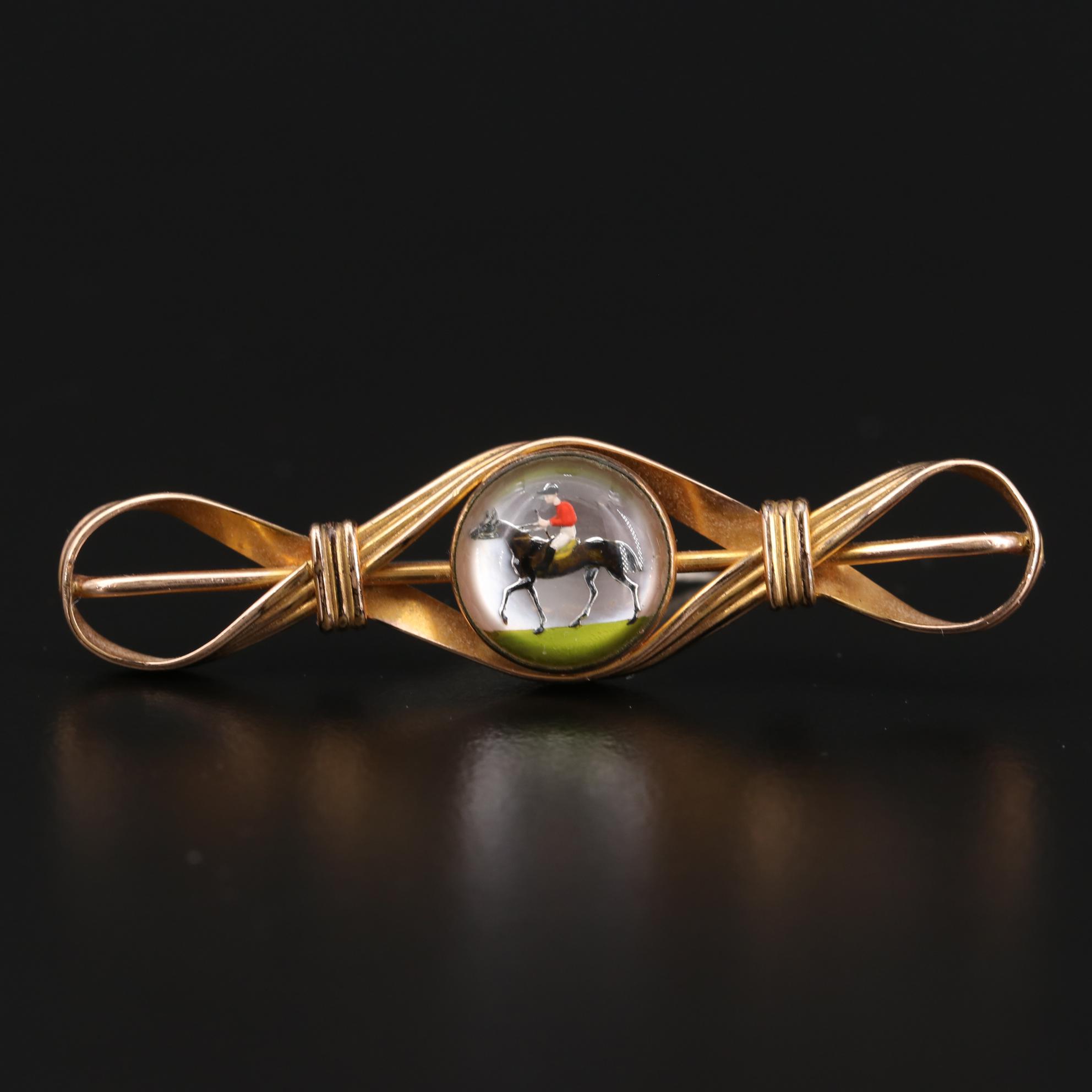 Vintage Reverse Painted Intaglio Horse Jockey Pin