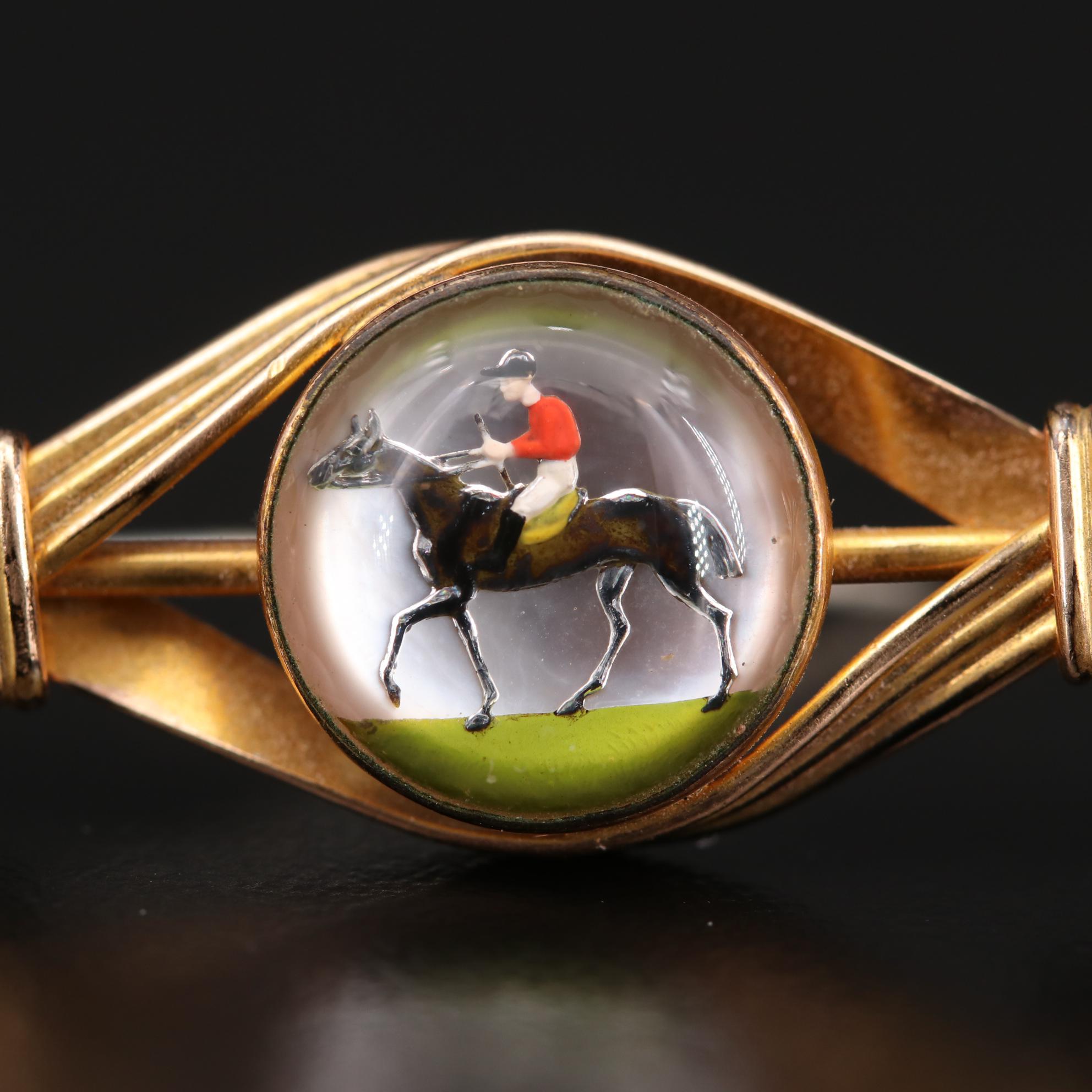 Vintage Reverse Painted Intaglio Horse Jockey Pin
