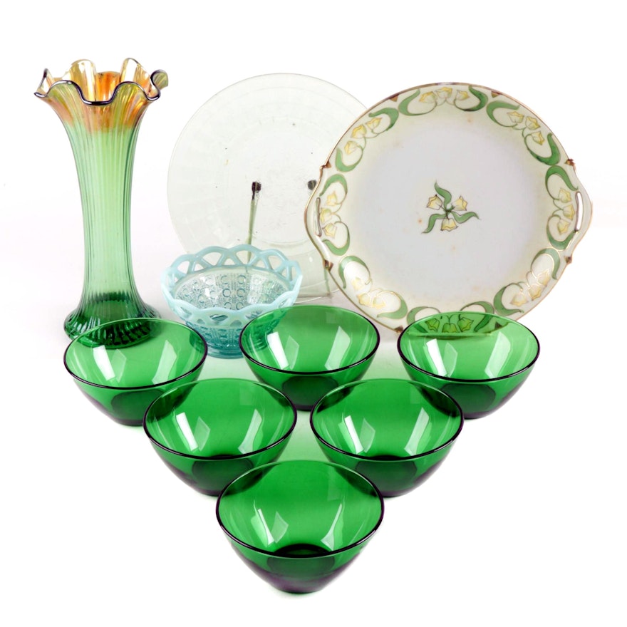 Northwood Carnival Glass Vase with Depression Glass Table Accessories and More