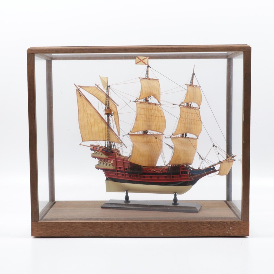 Spanish Three-Masted Galleon in Glass Display Case