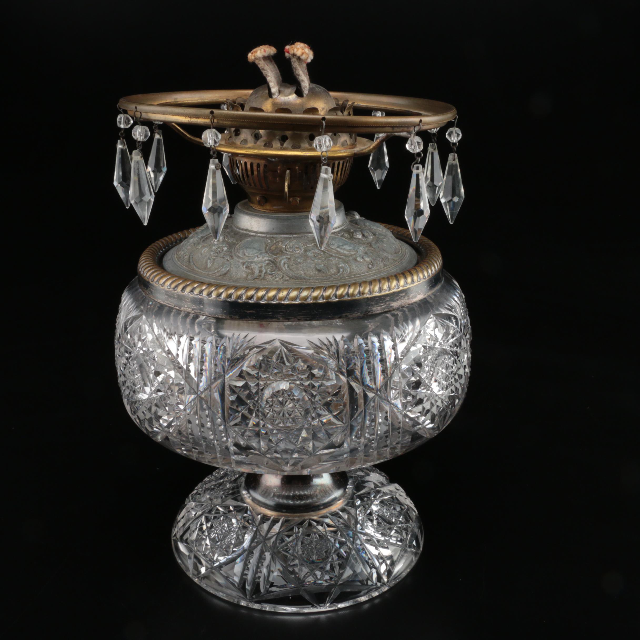 English Cut Glass Brass Oil Lamp, Late 19th/Early 20th Century