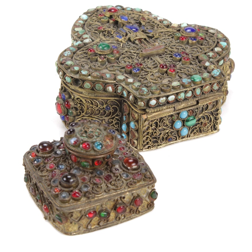 Tibetan Buddhist Jeweled Filigree 'Ghau' Prayer Box and Inkwell