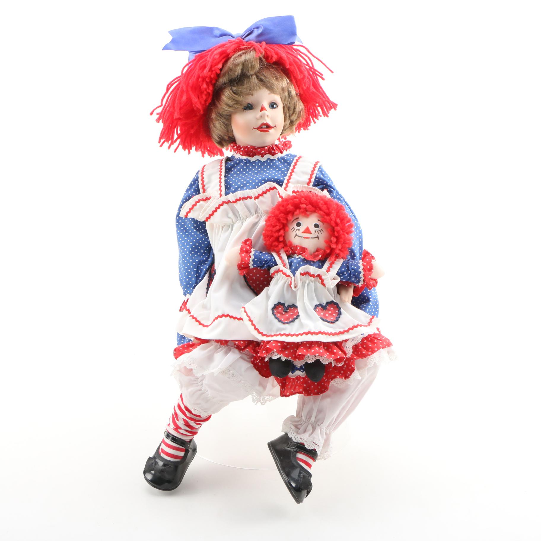Kelly Ru Bert Porcelain Doll with Raggedy Ann Doll Late 20th Century