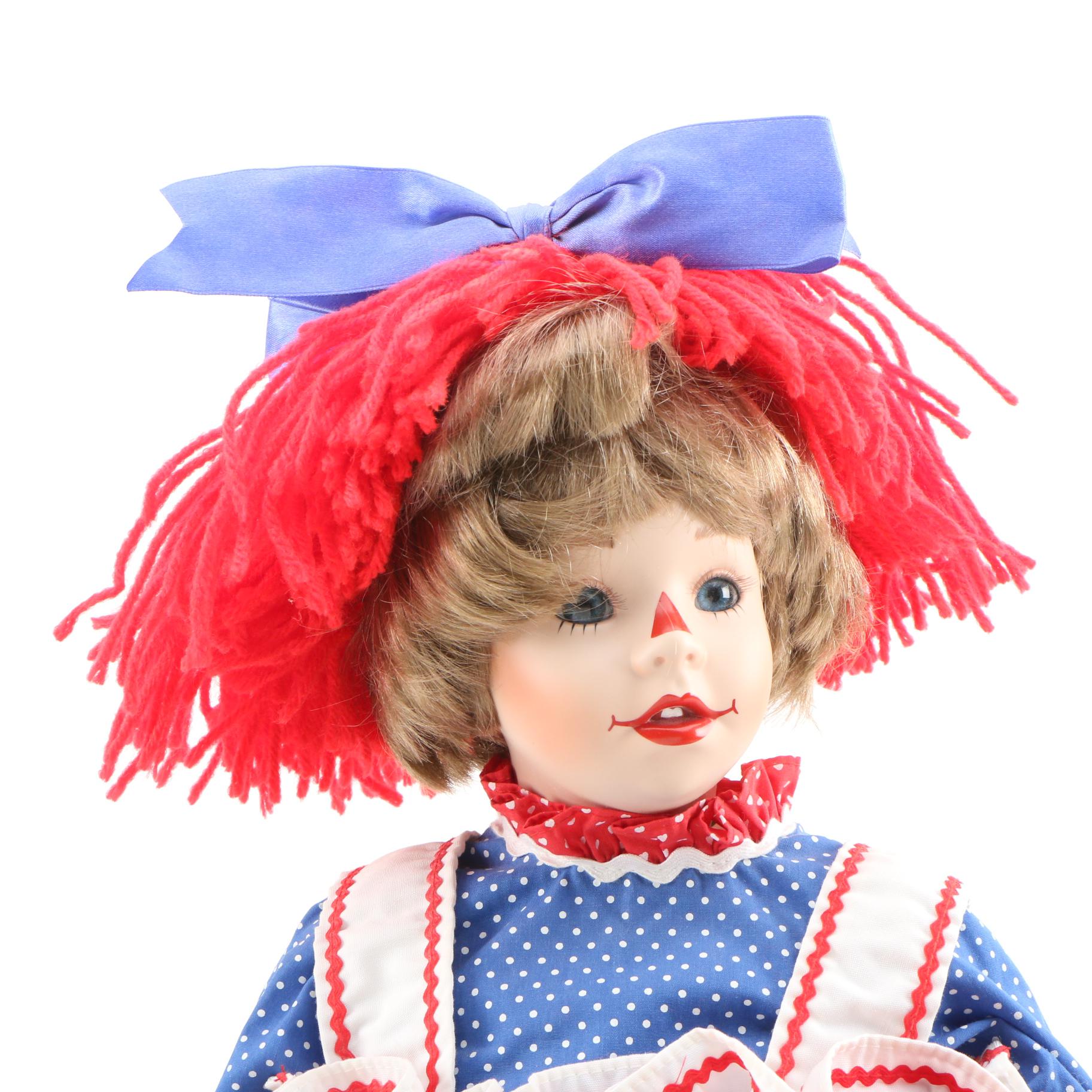 Kelly Ru Bert Porcelain Doll with Raggedy Ann Doll Late 20th Century