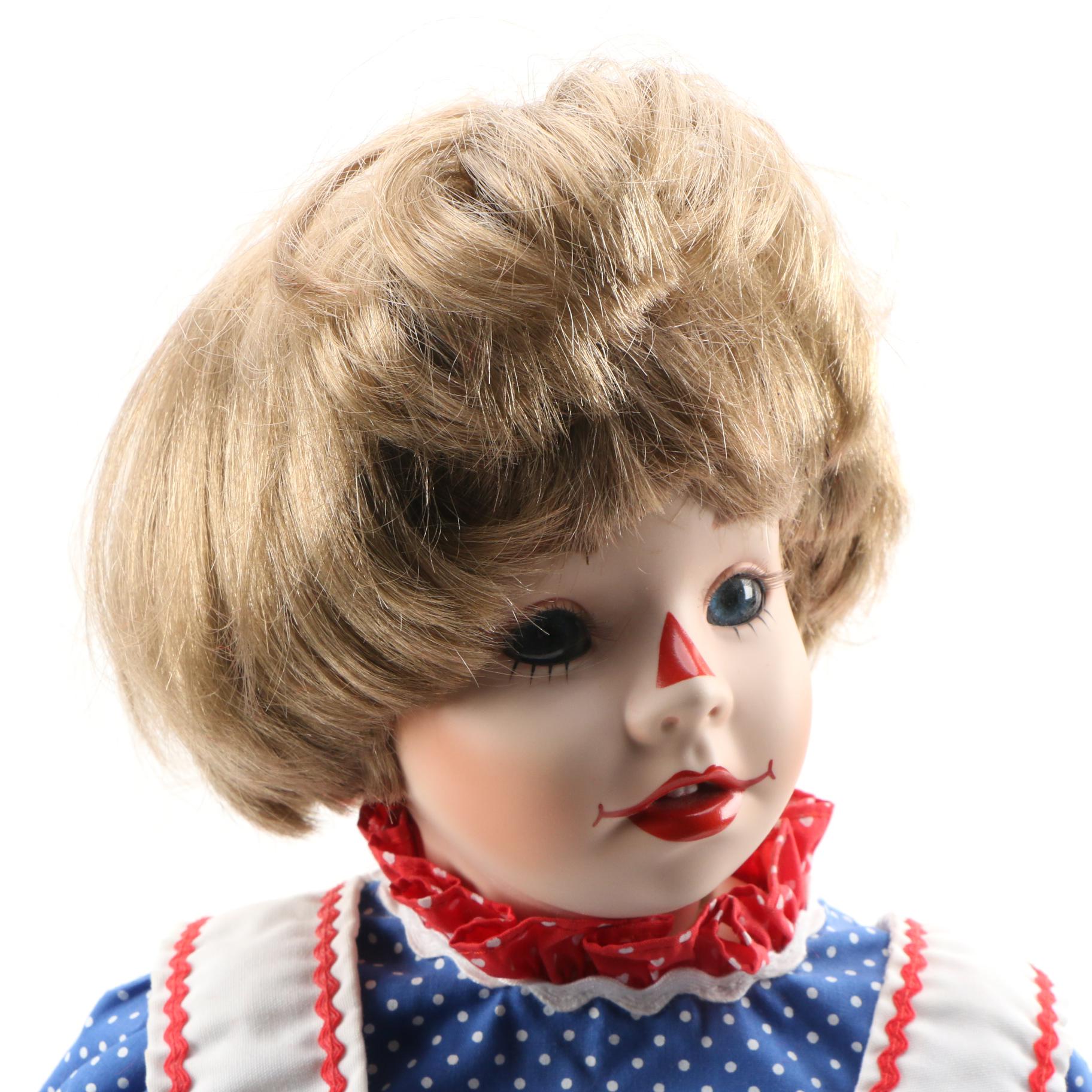 Kelly Ru Bert Porcelain Doll with Raggedy Ann Doll Late 20th Century