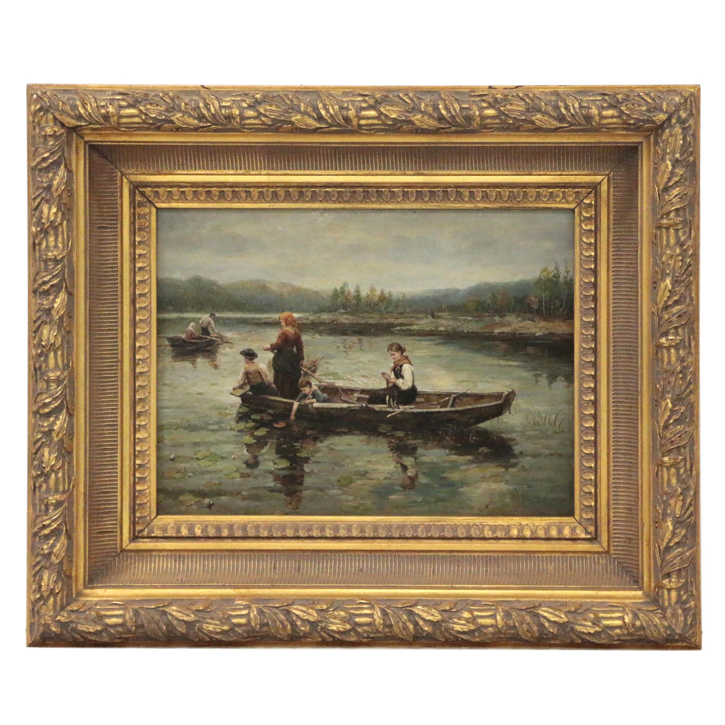 Continental School Style Oil Painting of Fishing Scene, Late 20th Century