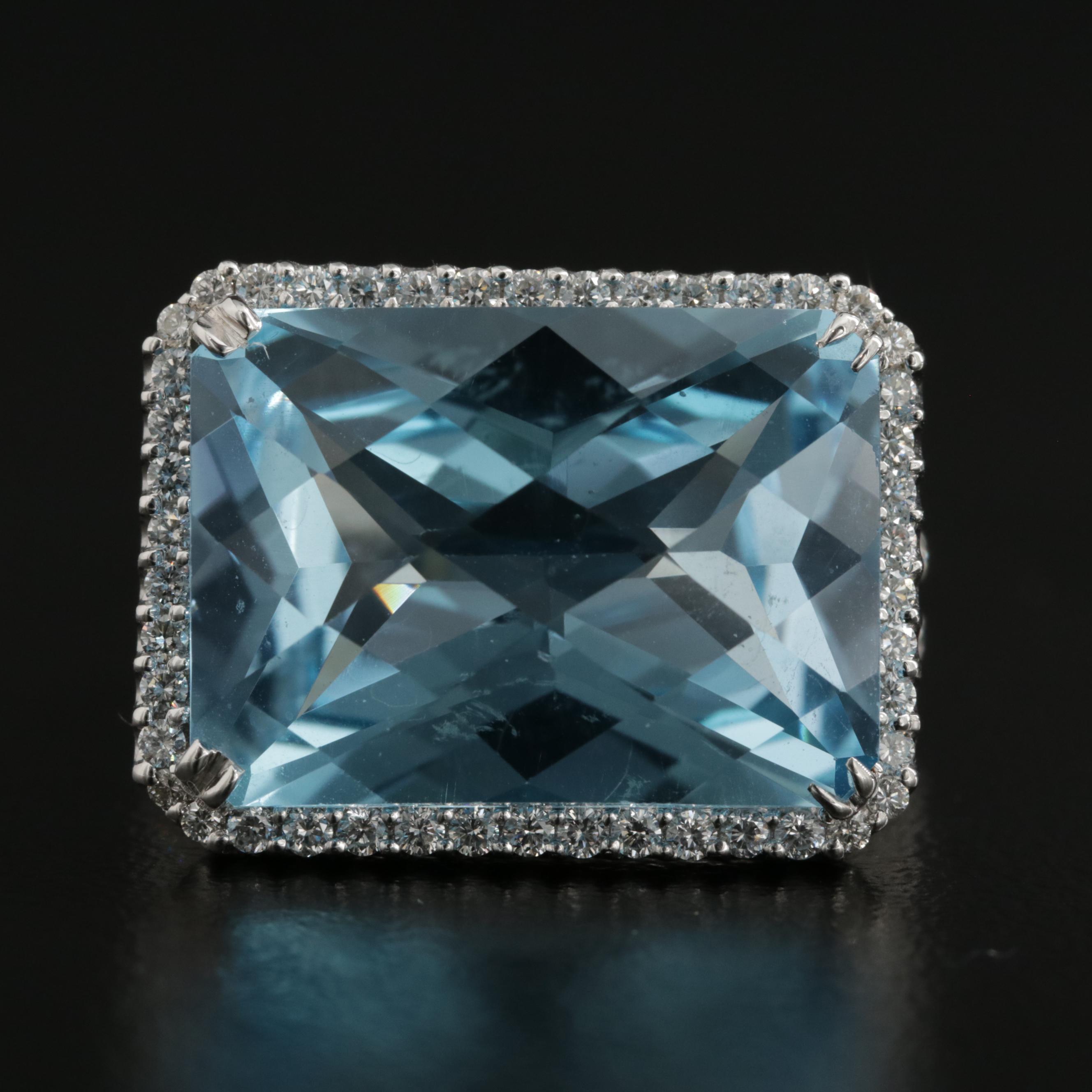 18K White Gold 17.70 CT Blue Topaz and Diamond Ring