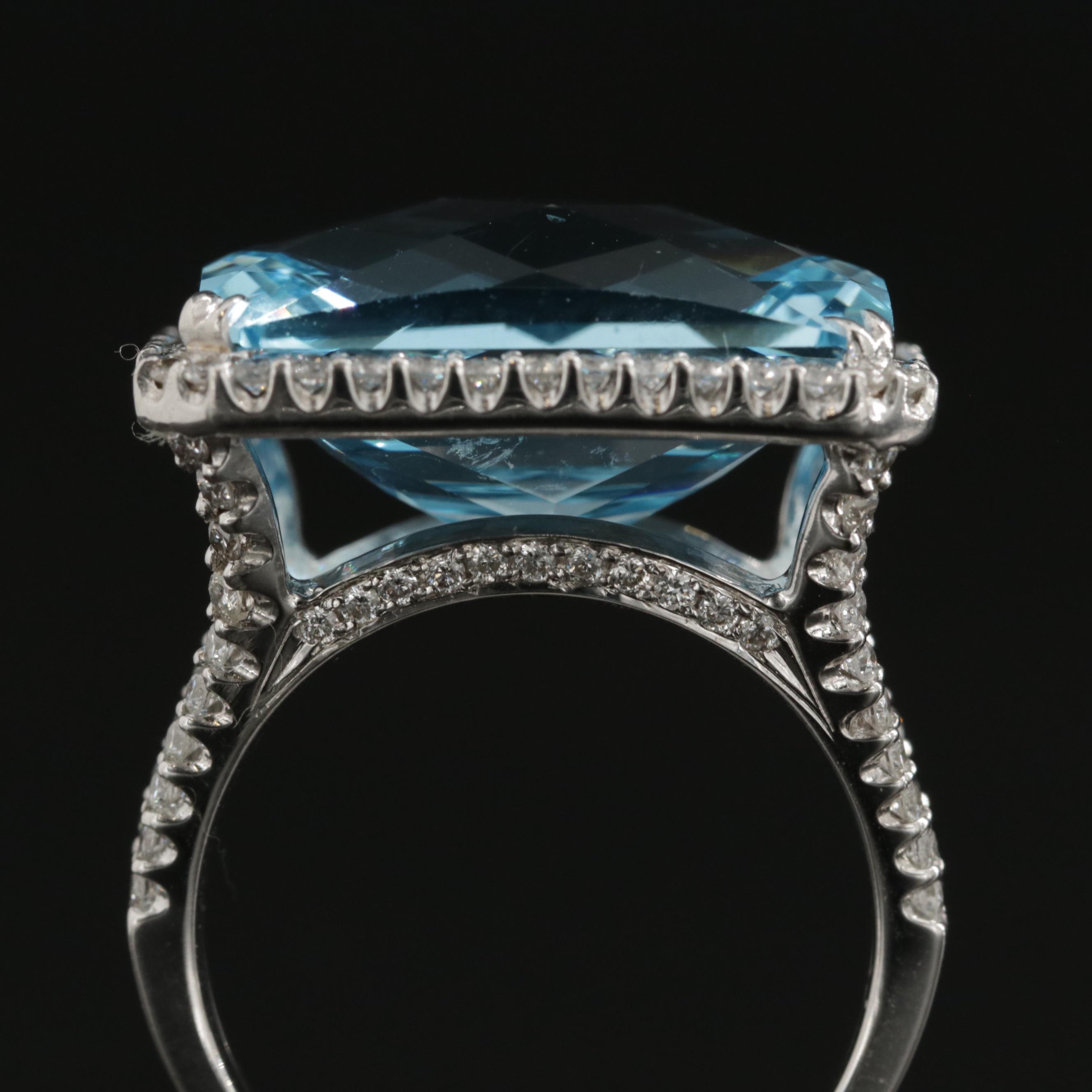 18K White Gold 17.70 CT Blue Topaz and Diamond Ring