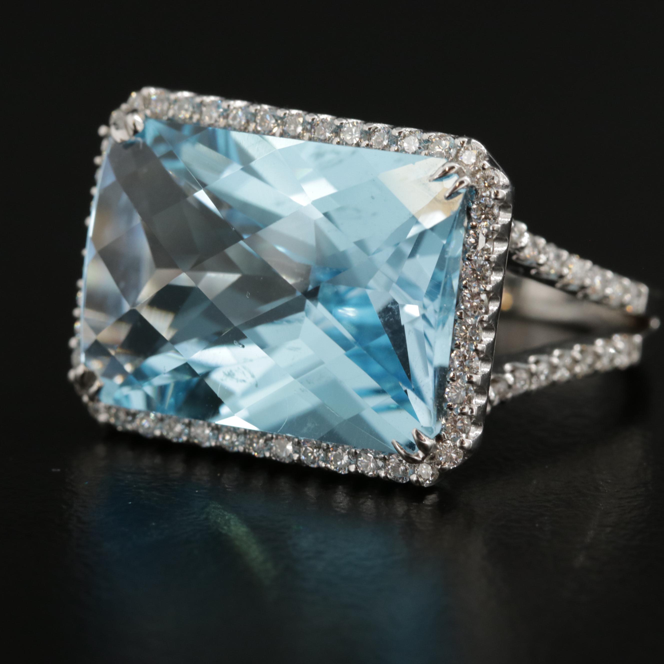 18K White Gold 17.70 CT Blue Topaz and Diamond Ring