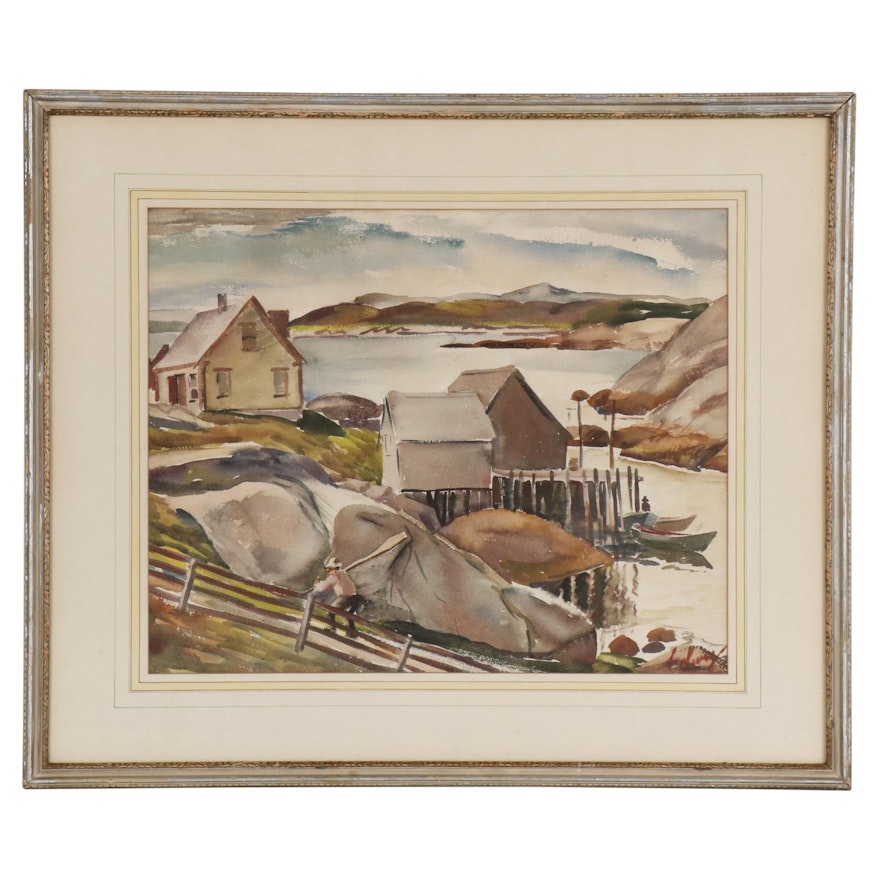 Arthur Helwig Watercolor Painting of Coastal Harbor, Mid 20th Century