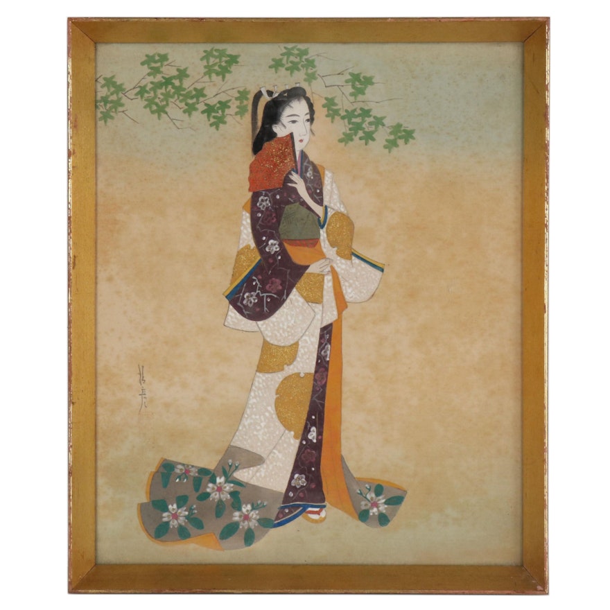 Japanese Gouache Painting of a Woman, Mid 20th Century