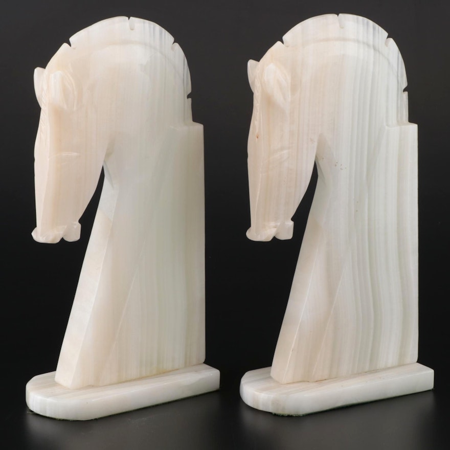 Mid Century Modern Banded Calcite Horse Head Bookends