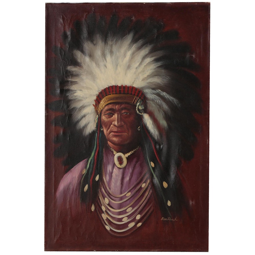 Oil Painting of Native American Chief, Mid-Late 20th Century