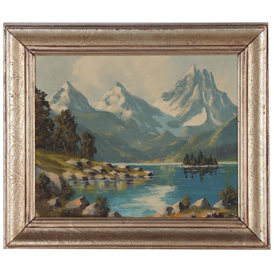 Mountain Landscape Oil Painting, Mid to Late 20th Century