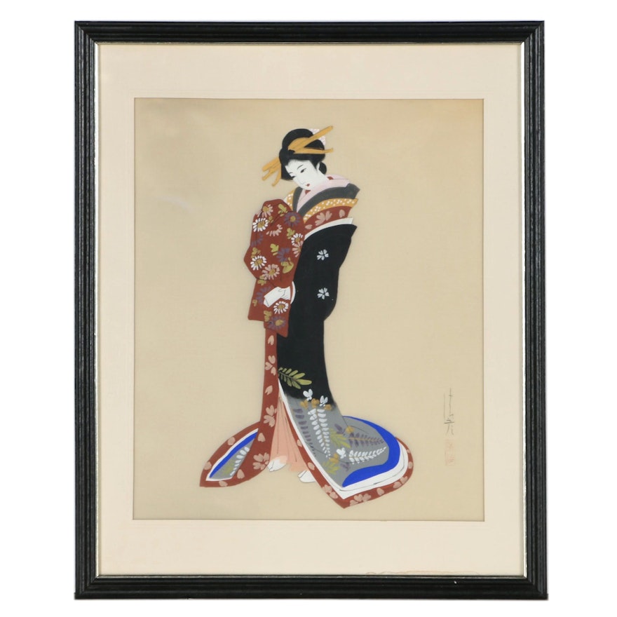 Japanese Gouache Painting of a Woman, Mid 20th Century