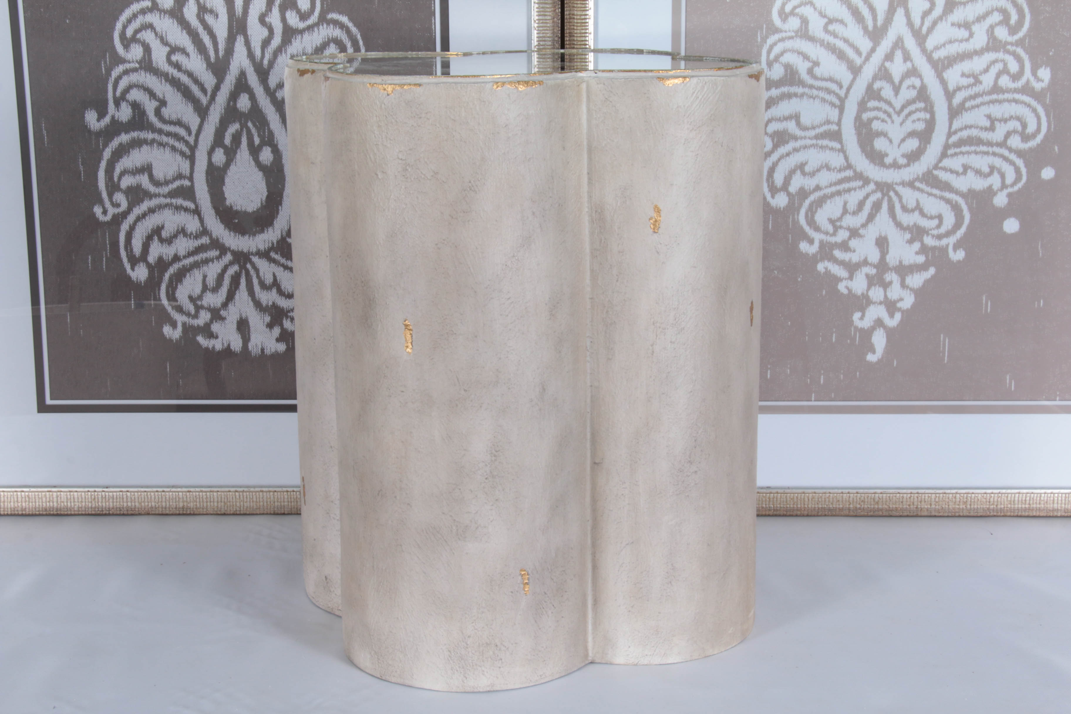 Resin Side Table with Mirrored Surface and Giclée Prints of Stylized Foliage