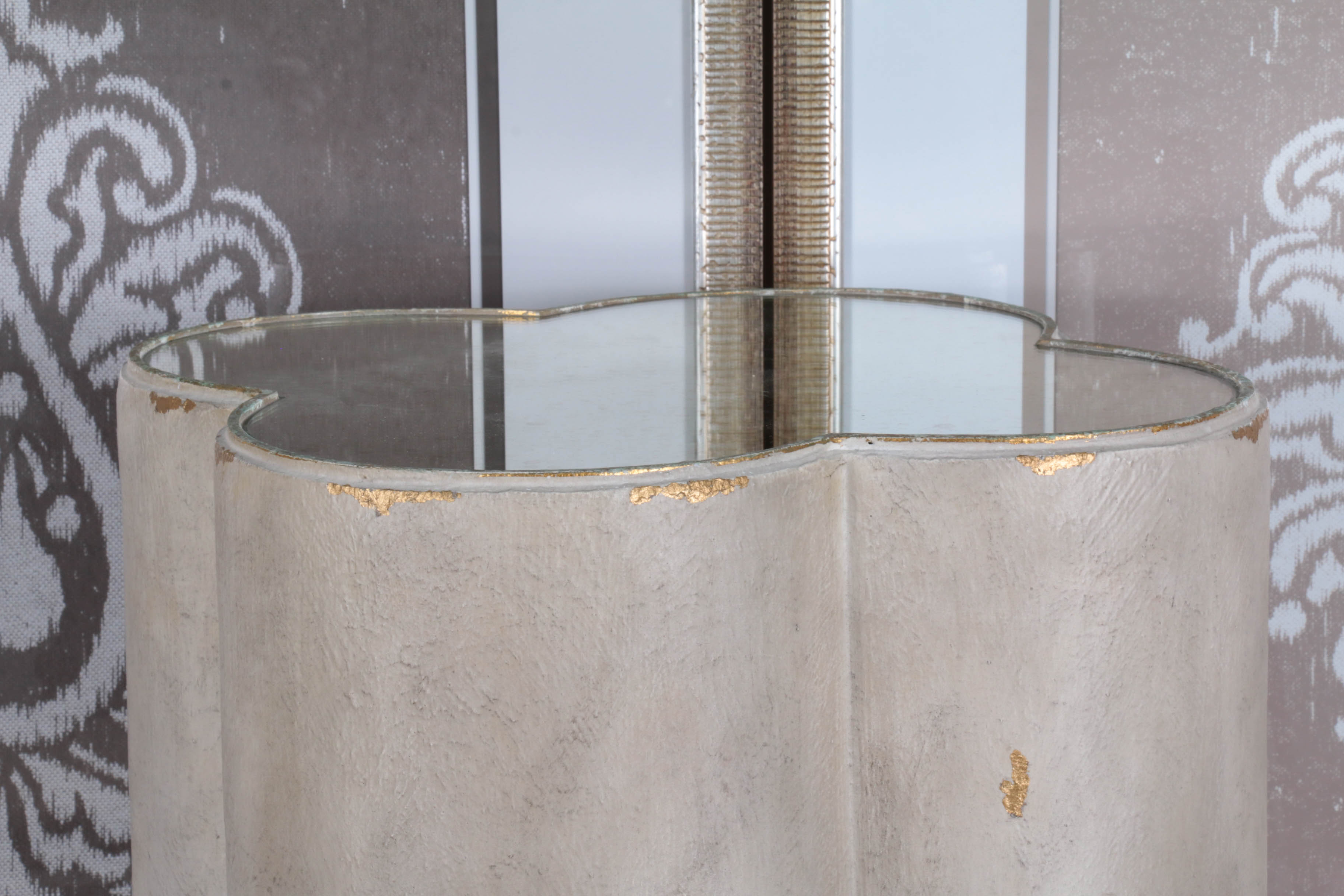 Resin Side Table with Mirrored Surface and Giclée Prints of Stylized Foliage